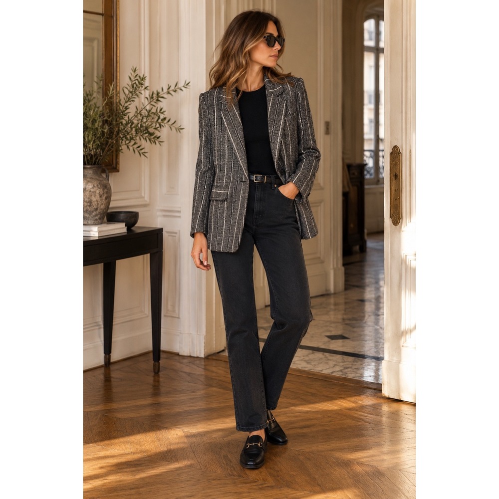 FRNCH Paris | Nevada Textured Pinstripe Blazer | Gray | M